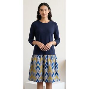 Ivee Knit Dress Size M Navy Blue Crew Neck Mustard Blue Geometric Chevron Skirt
